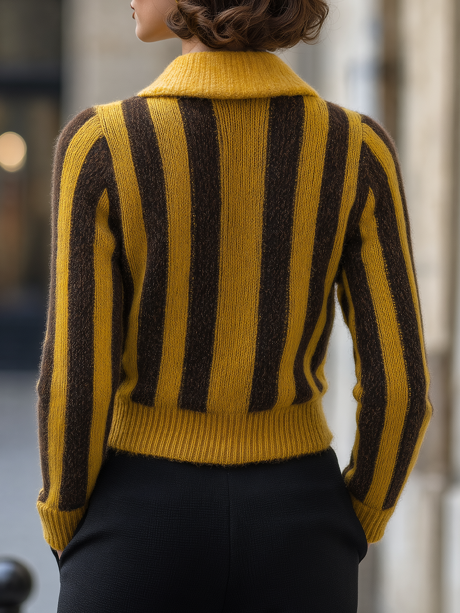Yellow Brown Striped Collared Cropped Knit Cardigan