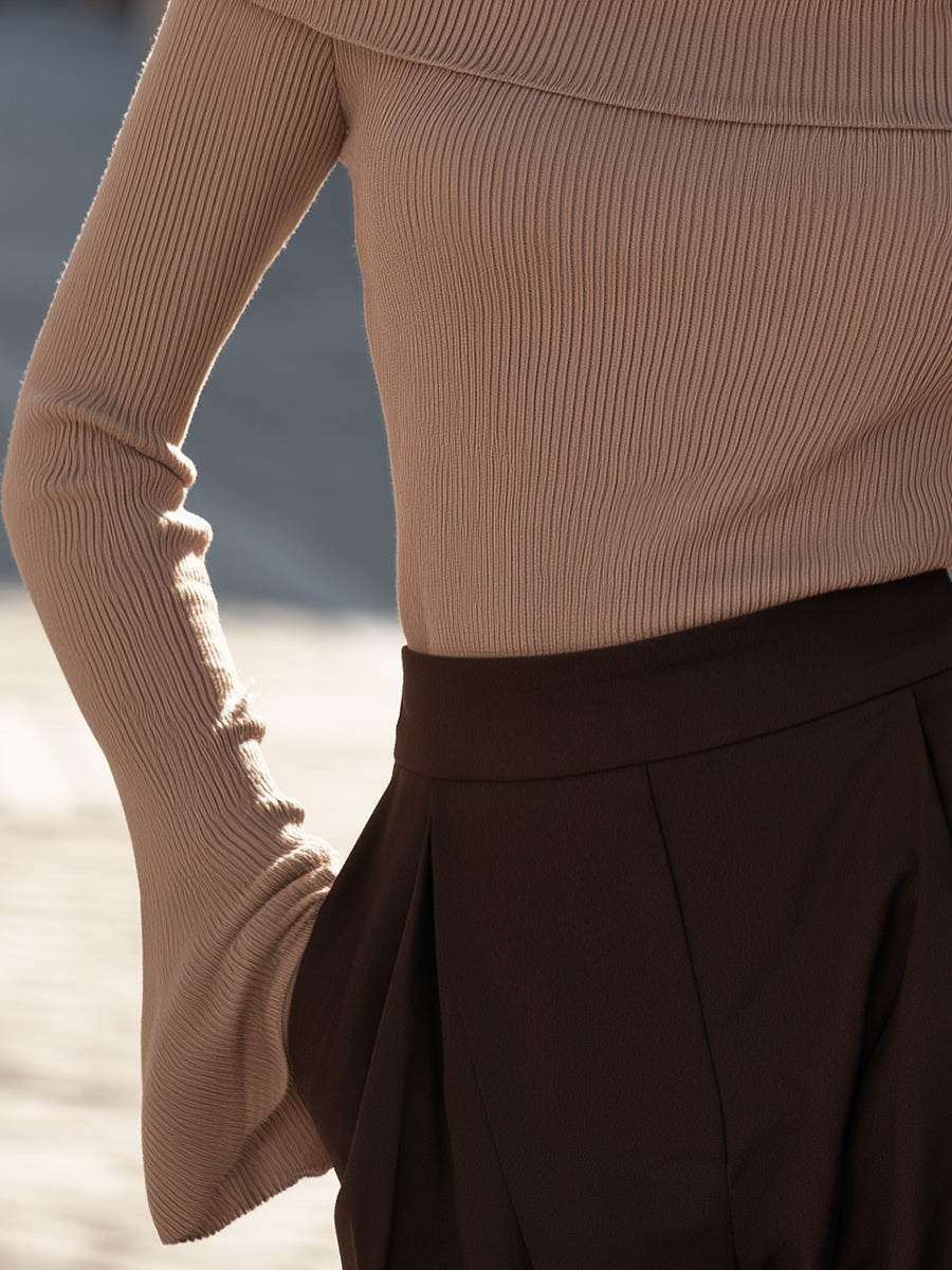 Women's Camel Off-Shoulder Fold-Over Ribbed Knit Sweater Top with Flared Long Sleeves