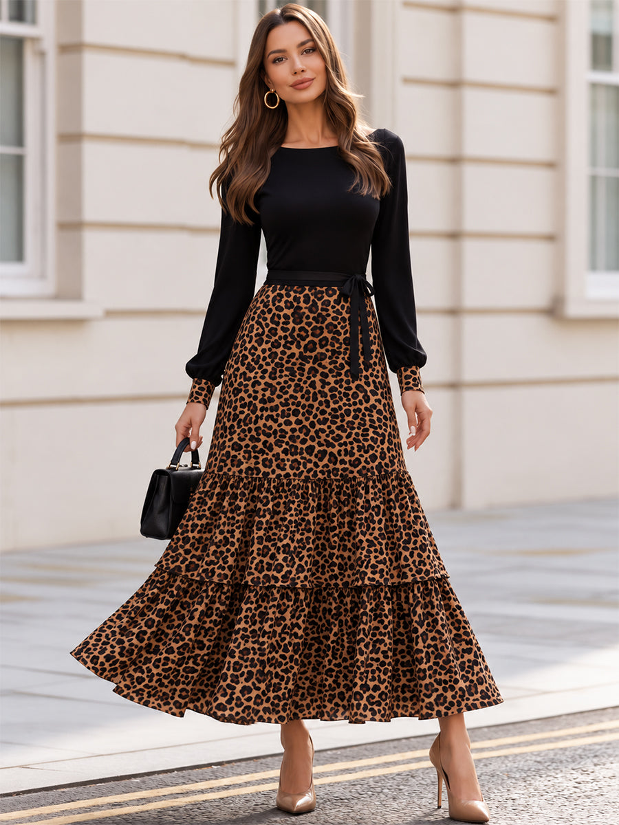 Boat Neck Balloon Sleeve Leopard Tiered Maxi Dress With Self Tie Waist