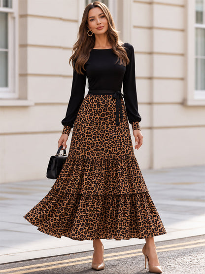 Boat Neck Balloon Sleeve Leopard Tiered Maxi Dress With Self Tie Waist