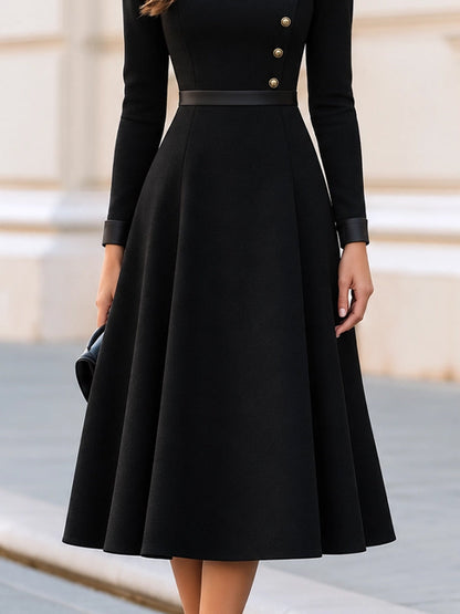 Square Neck Faux Leather Trim Gold Button Fit And Flare Midi Dress