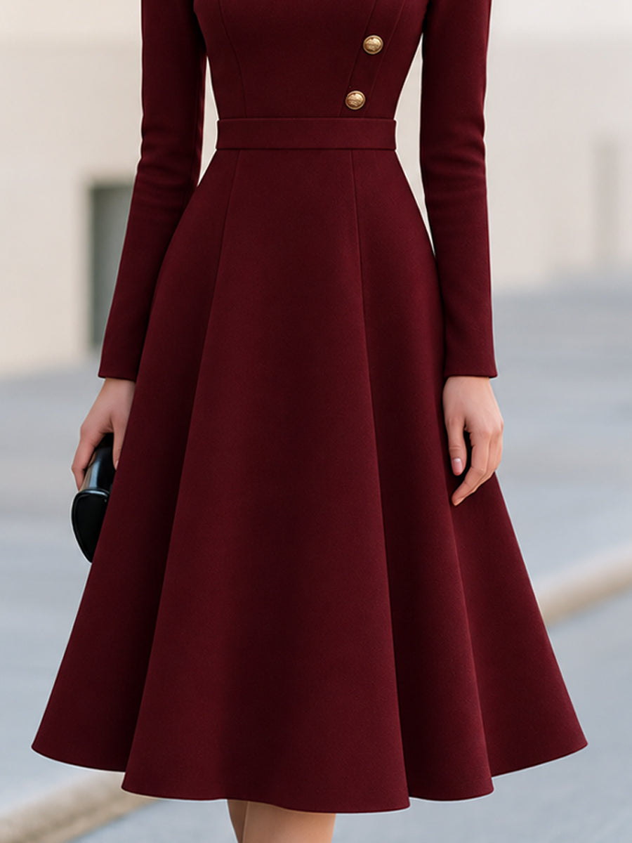 Stand Collar V-Notch Gold Button Decor Fit And Flare Midi Dress