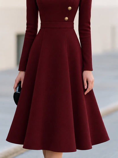 Stand Collar V-Notch Gold Button Decor Fit And Flare Midi Dress