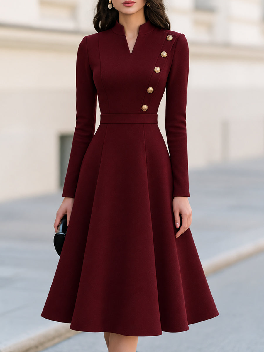 Stand Collar V-Notch Gold Button Decor Fit And Flare Midi Dress