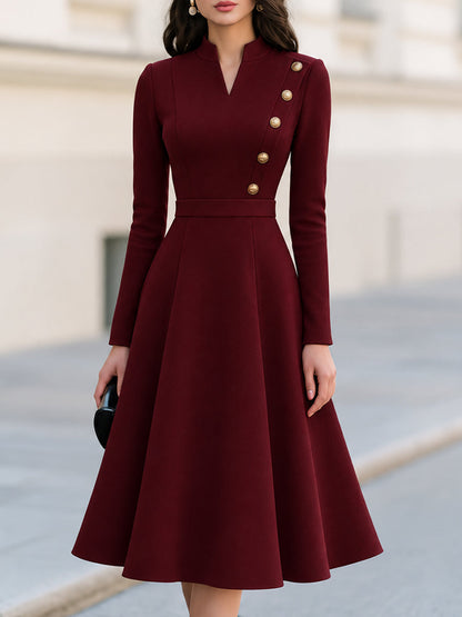 Stand Collar V-Notch Gold Button Decor Fit And Flare Midi Dress