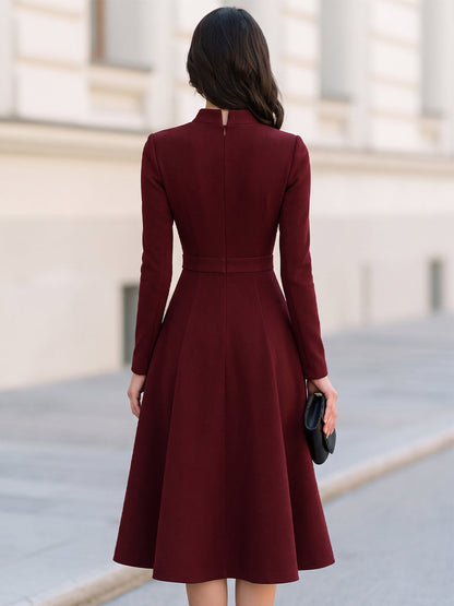 Stand Collar V-Notch Gold Button Decor Fit And Flare Midi Dress
