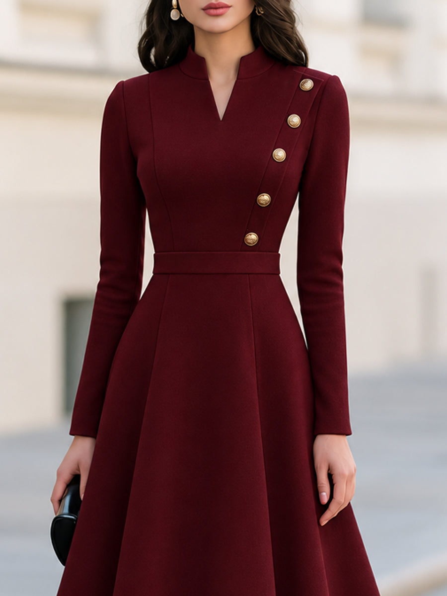 Stand Collar V-Notch Gold Button Decor Fit And Flare Midi Dress