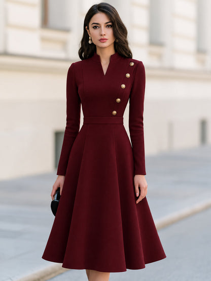 Stand Collar V-Notch Gold Button Decor Fit And Flare Midi Dress
