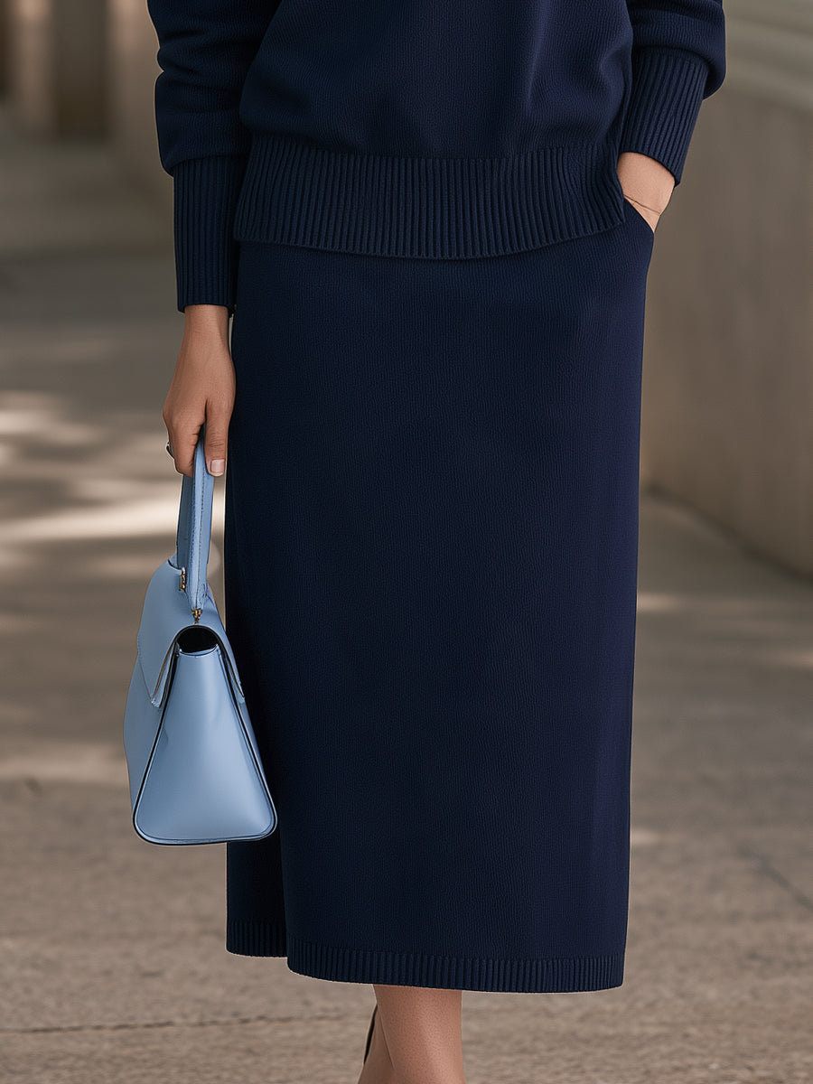 V-neck Sweater And Midi Skirt Set