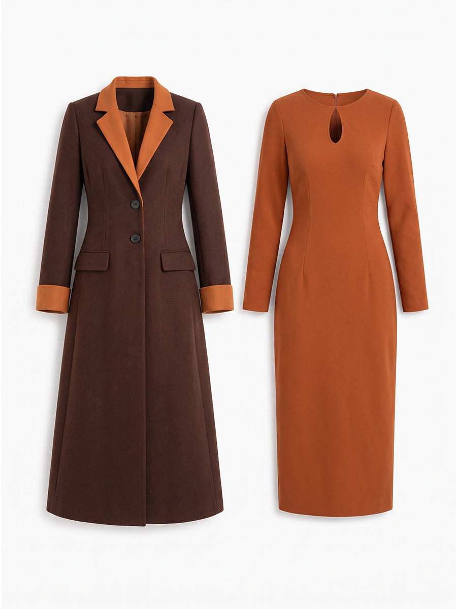 Brown & Caramel Contrast Lapel Long Coat And Keyhole Neck Midi Dress Co-Ord Set