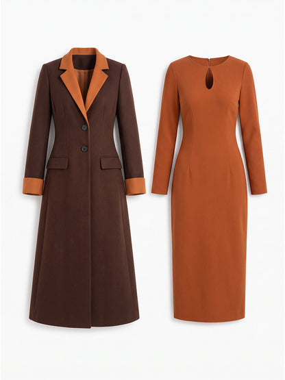 Brown & Caramel Contrast Lapel Long Coat And Keyhole Neck Midi Dress Co-Ord Set