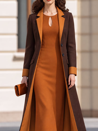 Brown & Caramel Contrast Lapel Long Coat And Keyhole Neck Midi Dress Co-Ord Set
