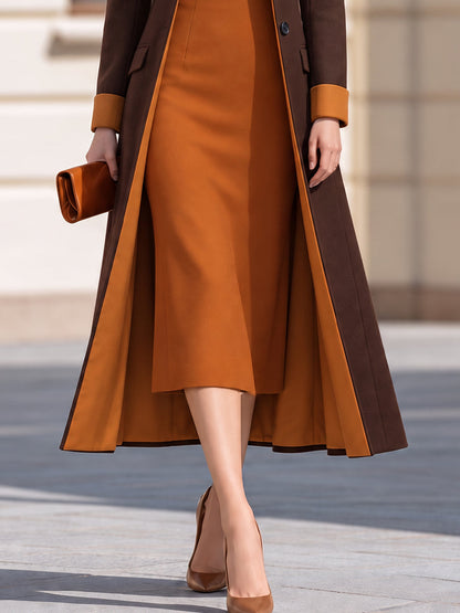 Brown & Caramel Contrast Lapel Long Coat And Keyhole Neck Midi Dress Co-Ord Set