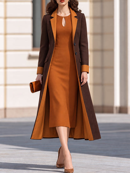 Brown & Caramel Contrast Lapel Long Coat And Keyhole Neck Midi Dress Co-Ord Set