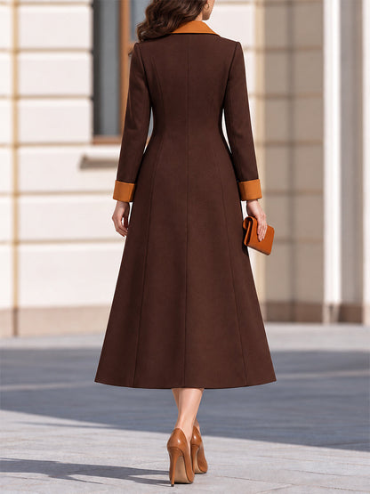 Brown & Caramel Contrast Lapel Long Coat And Keyhole Neck Midi Dress Co-Ord Set