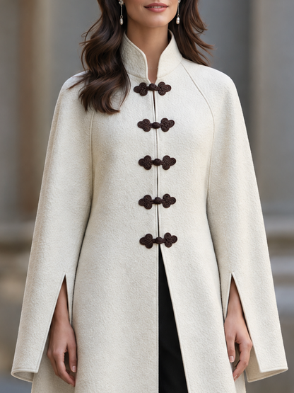 Retro Oriental Stand Collar Slit Cuff Wool Blend Coat