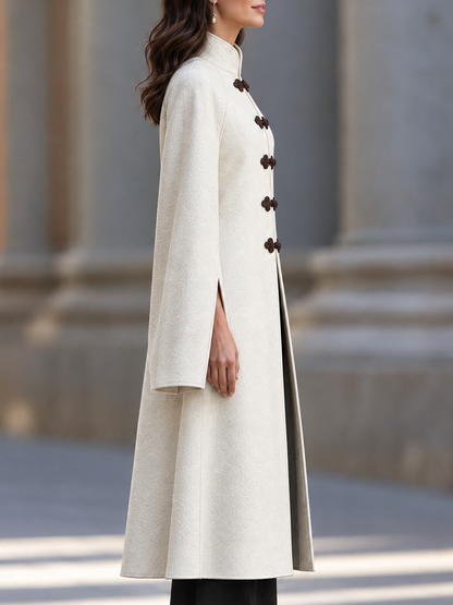 Retro Oriental Stand Collar Slit Cuff Wool Blend Coat