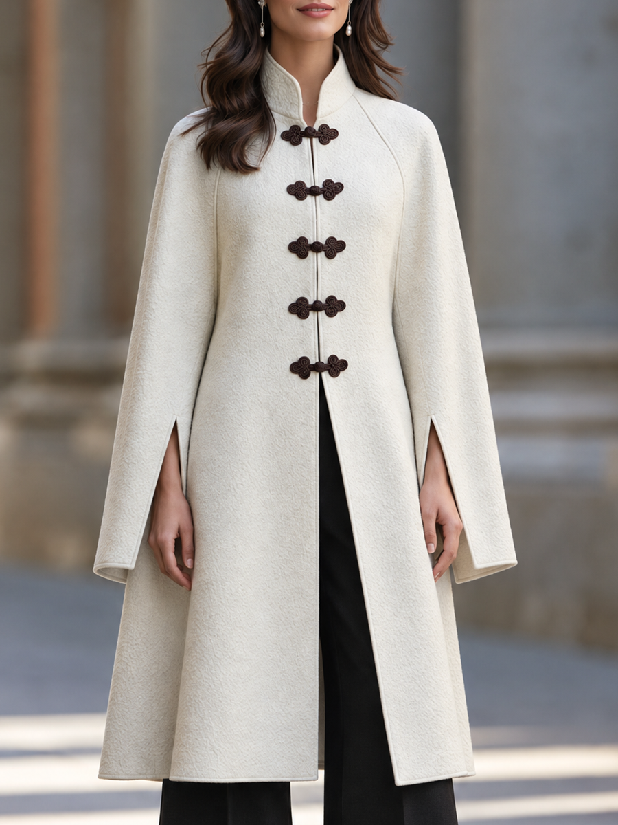 Retro Oriental Stand Collar Slit Cuff Wool Blend Coat