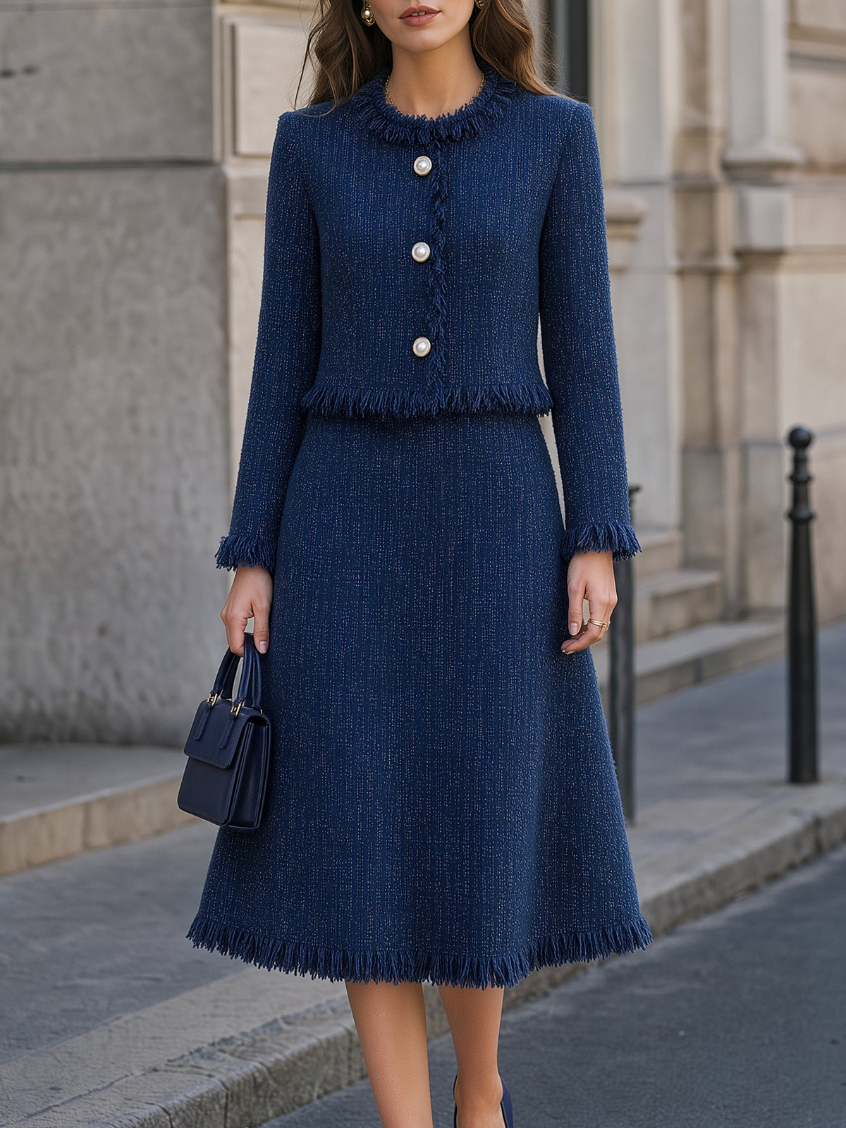 Fringe-Trimmed Tweed Jacket & Midi Skirt Tailored Set