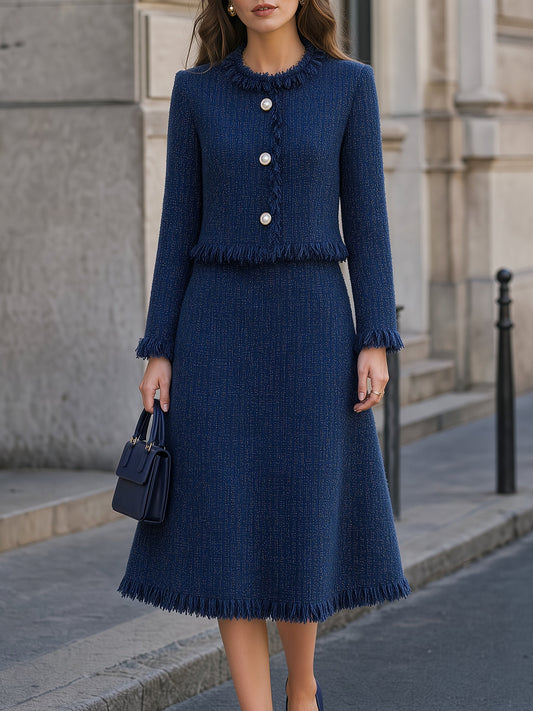 Fringe-Trimmed Tweed Jacket & Midi Skirt Tailored Set