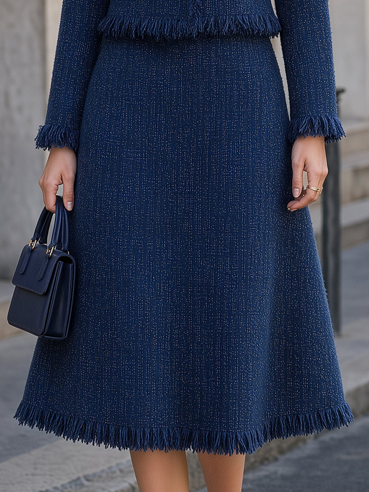 Fringe-Trimmed Tweed Jacket & Midi Skirt Tailored Set