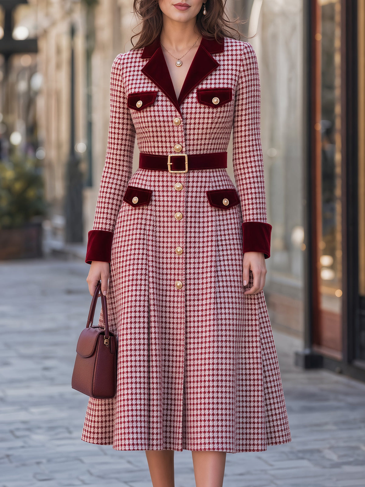 Velvet-Trimmed Houndstooth Belted Midi Dress