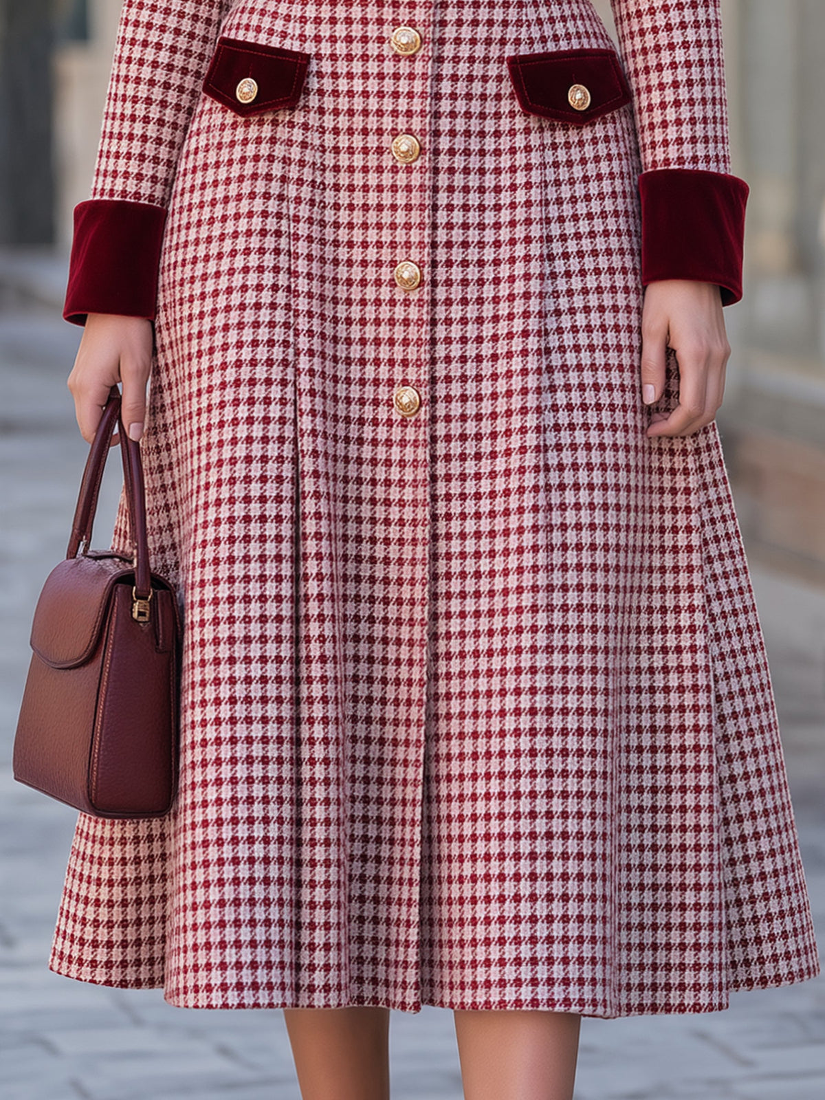 Velvet-Trimmed Houndstooth Belted Midi Dress