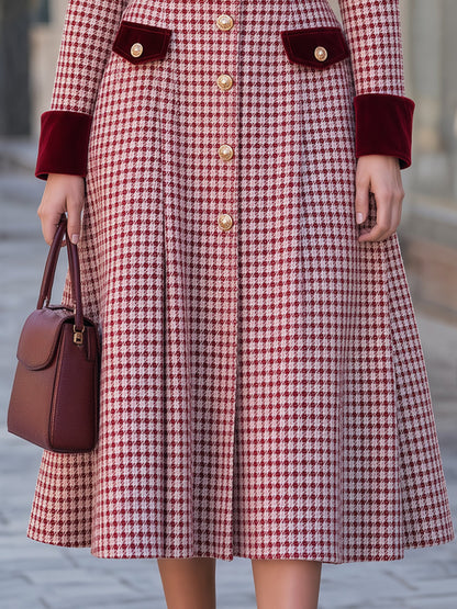 Velvet-Trimmed Houndstooth Belted Midi Dress