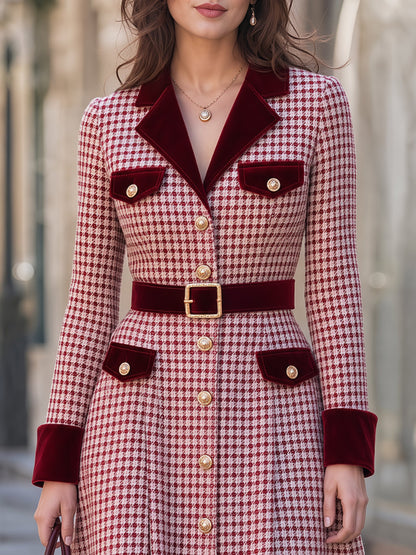 Velvet-Trimmed Houndstooth Belted Midi Dress