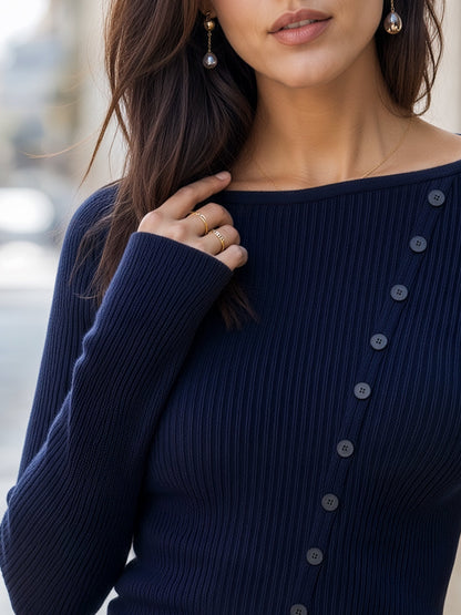 Asymmetric Button-Detail Ribbed Knit Sweater