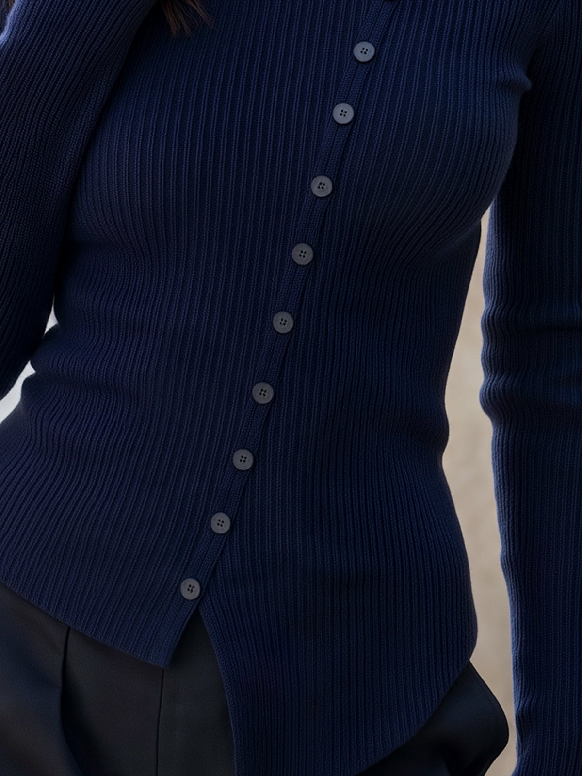 Asymmetric Button-Detail Ribbed Knit Sweater