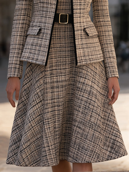 Plaid Blazer And Belted Midi Dress Set