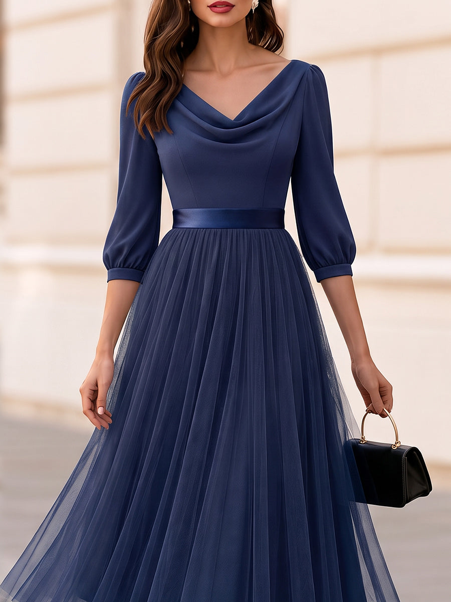 Cowl Neck Puff Three Quarter Sleeve Satin Waistband Tulle Midi Dress