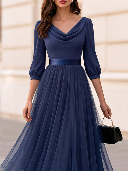 Cowl Neck Puff Three Quarter Sleeve Satin Waistband Tulle Midi Dress