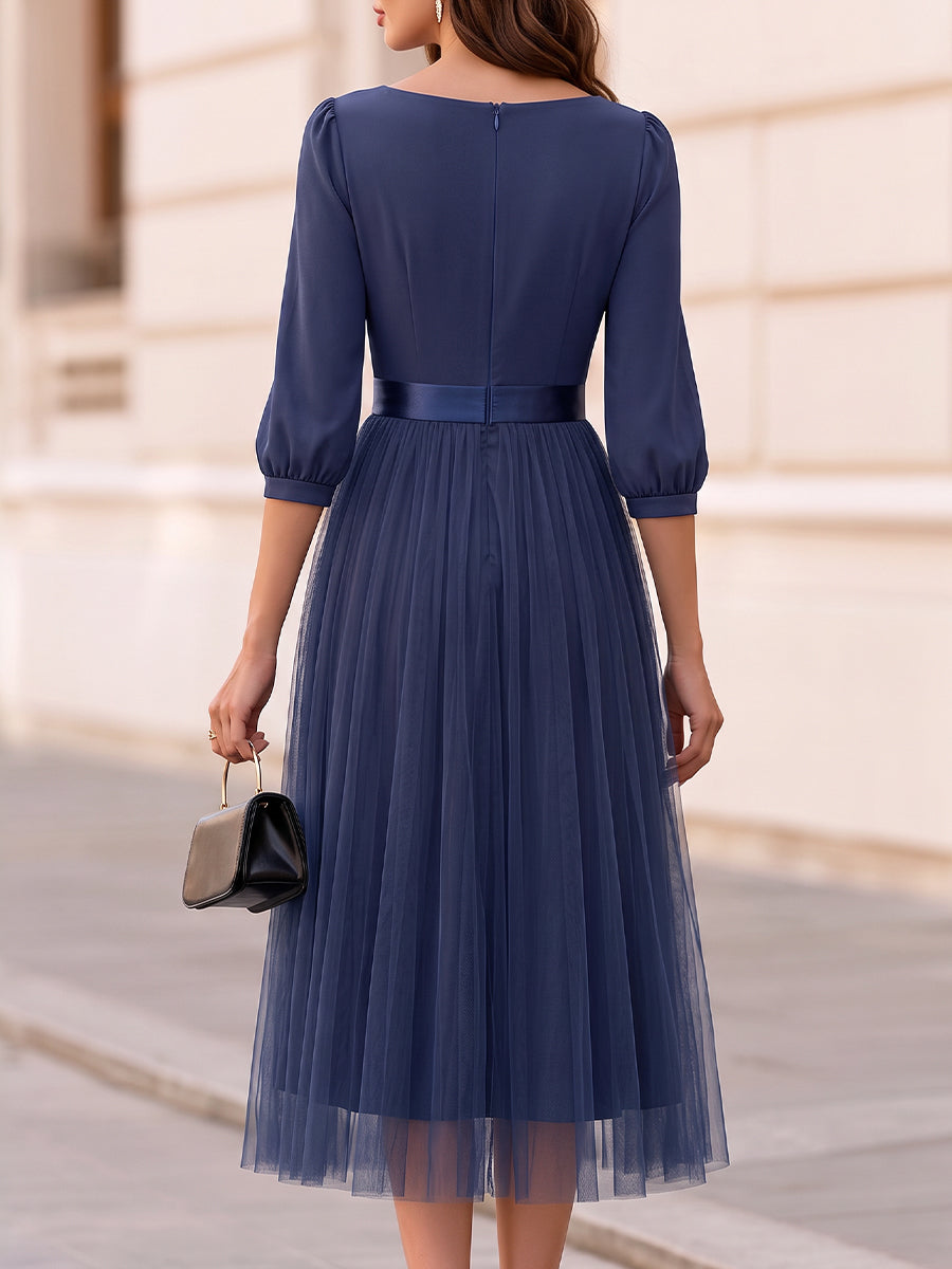 Cowl Neck Puff Three Quarter Sleeve Satin Waistband Tulle Midi Dress