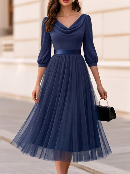 Cowl Neck Puff Three Quarter Sleeve Satin Waistband Tulle Midi Dress