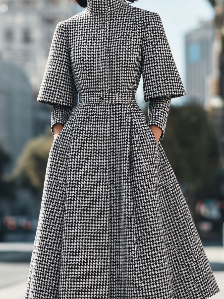 Houndstooth High Neck Layered Sleeve Belted Wool Midi Coat