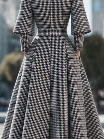 Houndstooth High Neck Layered Sleeve Belted Wool Midi Coat