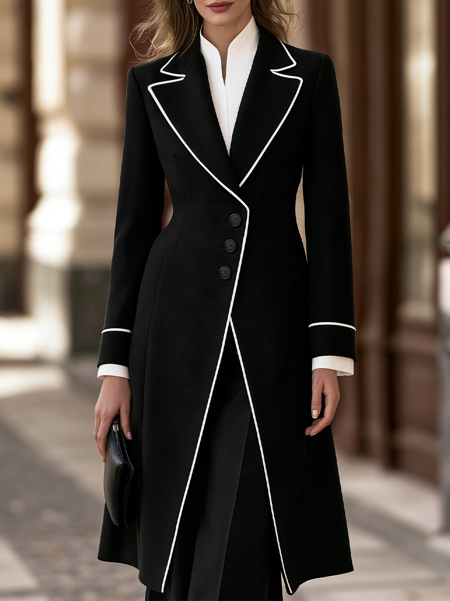 Notched Lapels Contrast Piping Longline Tailored Coat