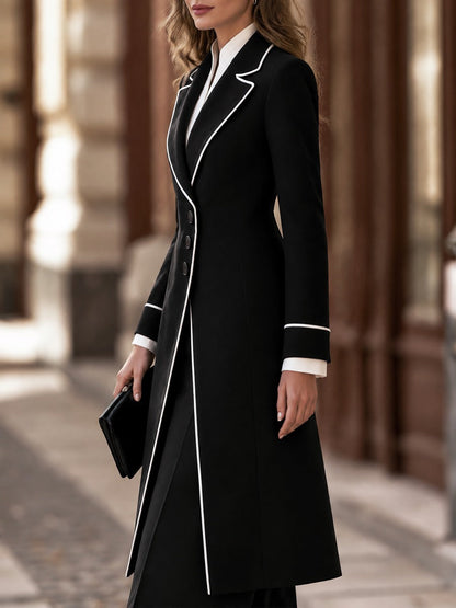 Notched Lapels Contrast Piping Longline Tailored Coat