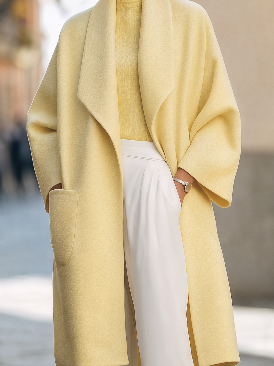 Pale Yellow Shawl Collar Oversized Wool Midi Coat