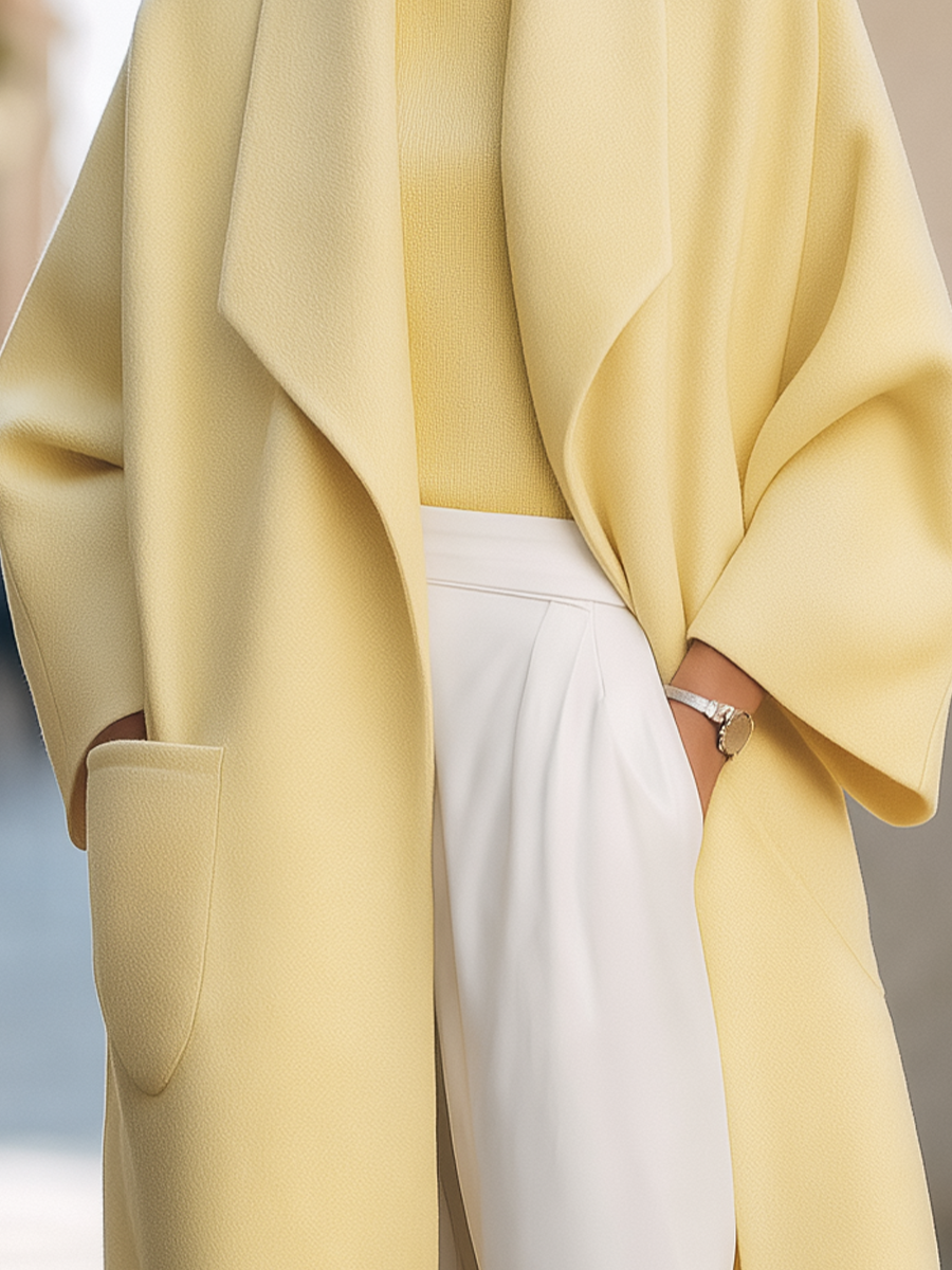Pale Yellow Shawl Collar Oversized Wool Midi Coat
