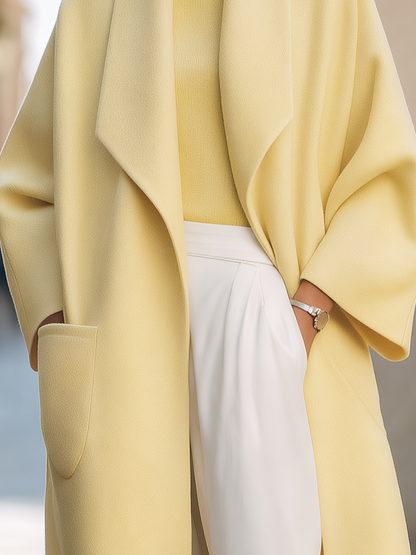 Pale Yellow Shawl Collar Oversized Wool Midi Coat