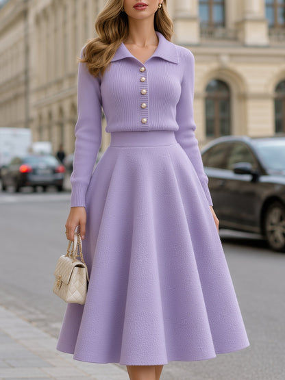 Knit Sweater Top And Woolen Midi Skirt Set