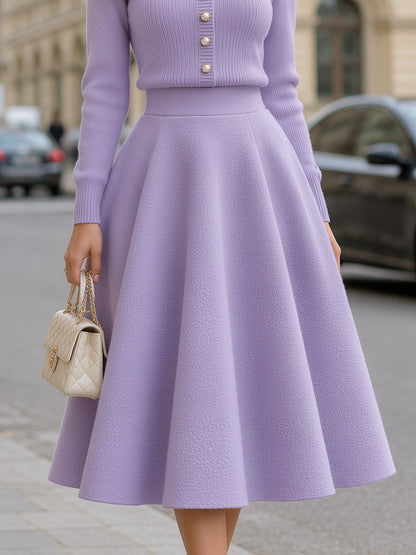 Knit Sweater Top And Woolen Midi Skirt Set