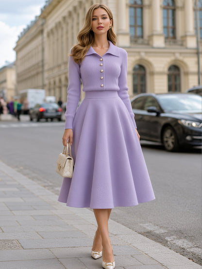 Knit Sweater Top And Woolen Midi Skirt Set