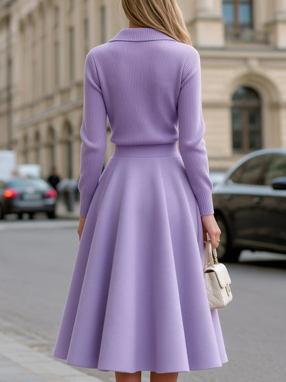 Knit Sweater Top And Woolen Midi Skirt Set