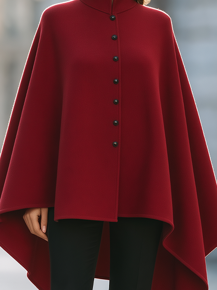 Burgundy Stand Collar Button Front Wool Cape Coat