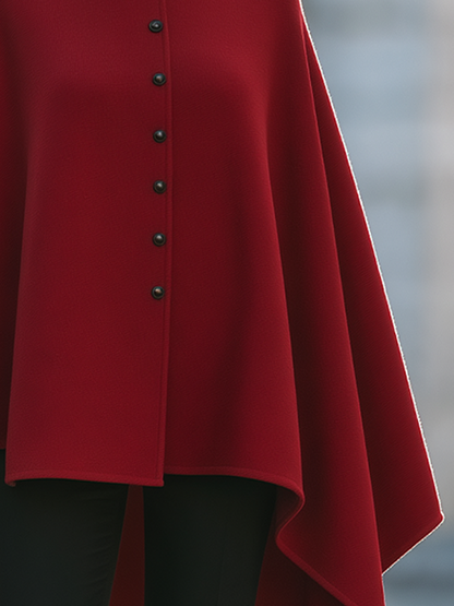 Burgundy Stand Collar Button Front Wool Cape Coat