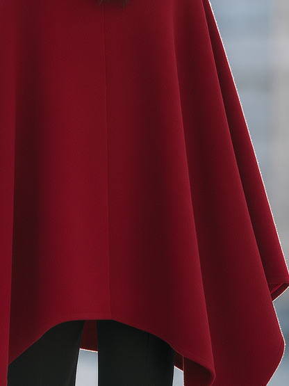 Burgundy Stand Collar Button Front Wool Cape Coat